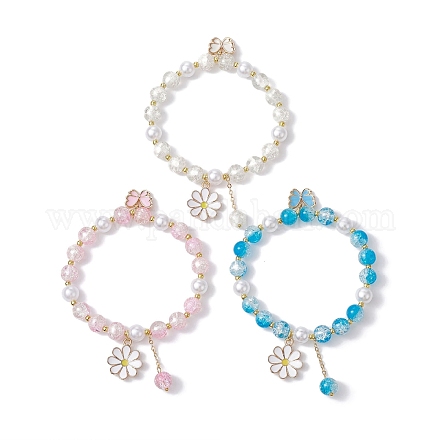 3 braccialetto elasticizzato con perle di vetro a 3 colori BJEW-JB09751-02-1