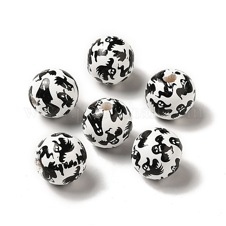 Perles européennes en bois rondes imprimées WOOD-M006-01-1