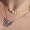 Alloy Enamel & Round Imitation Pearl Double Layered Butterfly Pendant Necklaces for Women, Golden, Pink, 17.72 inch(45cm)
