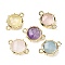 Brass Natural Gemstone Connector Charms, Flat Round, Faceted, Rack Plating, 14.5x10x3.5mm, Hole: 1.4mm