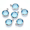 K9 Glass Charms, Flat Round, with Brass Findings, Faceted, Platinum, Sky Blue, 13.5~14x10.5~11x3.5~4mm, Hole: 1.8mm