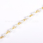 Handmade Round Glass Pearl Beads Chains for Necklaces Bracelets Making, with Golden Iron Eye Pin, Unwelded, White, 39.3 inch, Bead: 6mm