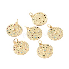 Pendenti in zirconi cubici colorati in micro pavè di ottone,  cadmio& piombo libero, placcato di lunga durata, vero placcato oro 18k, con anelli di salto, rotondo e piatto, colorato, 17x16x2mm