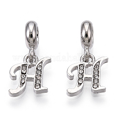 Charms pendenti europei con strass in lega di placcatura a cremagliera in platino, Ciondoli di grandi dimensioni, lettera,  cadmio& piombo libero, letter.h, 23~27mm, Foro: 4.5 mm, pendenti: 13~16.5x6~14x2 mm, Foro: 2 mm