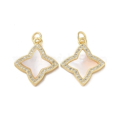 Pendenti in zirconi cubici trasparenti in micro pavè di ottone,  cadmio& piombo libero, con shell, vero placcato oro 18k, stella, 20.5x18x2.5mm, Foro: 3 mm