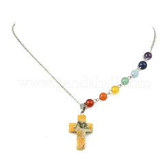 Chakra natural loco ágata religión cruz colgante collares de cadena de cable de acero inoxidable 304 para mujer&nbsp;NJEW-JN06268-02