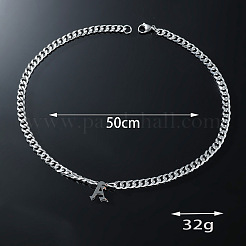 304ステンレススチール製イニシャルペンダントキューバンリンクチェーンネックレス  ステンレス鋼色  変色しない  文字a  19.69インチ（50cm）&nbsp;FS-WGB15F2-01