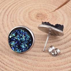 フラットラウンド 304 ステンレススチール ドゥルージー樹脂 イヤリング  ダークターコイズ  14x7mm  ピン：0.7mm&nbsp;EJEW-JE01964-02