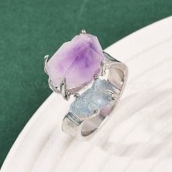 Кольца-манжеты с натуральным аметистом и аквамарином RJEW-K286-12P-02