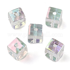 UVメッキ透明アクリルビーズ  虹色の  キューブ  キューブ  8x7.5x7.5mm  穴：1mm&nbsp;OACR-K005-03