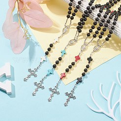 Collier de perles chapelet en turquoise synthétique et bois&nbsp;NJEW-JN04431