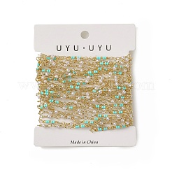 手作りのプラスチックイミテーションパールとラウンドビーズチェーン  ラックメッキ金真鍮のパーツ  溶接されていない  カード用紙付き  アクアマリン  17.5x2x2mm  11~12x3x3mm&nbsp;CHC-C026-31