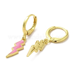 ライトニングボルト リアル 18K ゴールド メッキ ブラス ダングル レバーバック イヤリング  エナメル  ピンク  29x5.5mm&nbsp;EJEW-L268-010G-02
