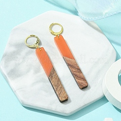 ツートンカラーの樹脂とクルミ材の長方形ダングルフレンチフックピアス  ゴールド 304 ステンレス ロング ドロップ イヤリング  砂茶色  68x12mm&nbsp;EJEW-JE05503-02
