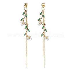 Листья с цветком латунные серьги-гвоздики с кисточками из микропаве из кубических цирконий&nbsp;EJEW-JE06456