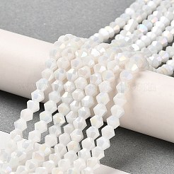 不透明なソリッドカラーの電気めっきガラスビーズ連売り  ABカラーメッキ  多面カット  双円錐形  ホワイト  4x4mm  穴：0.8mm  約75~78個/連  28~29cm&nbsp;LS-GLAA-F029-P4mm-A15