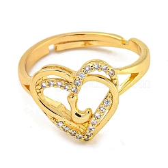 Регулируемые кольца из латуни с микро-паве в форме сердца и стойки для писем для женщин с прозрачным фианитом&nbsp;RJEW-I105-01G-L