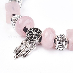 ナチュラルローズクオーツビーズコードブレスレット  真鍮パーツ  葉と花  7-7/8インチ（20cm）  3mm&nbsp;BJEW-O162-G02