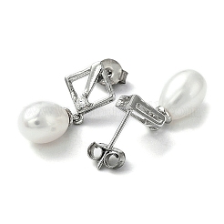 Антикоррозийные серьги-гвоздики с ромбами из кубического циркония и натуральным жемчугом EJEW-F318-19P