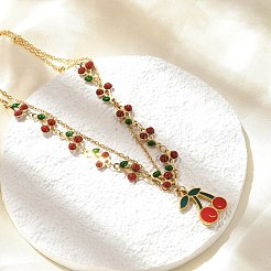 Двухслойные ожерелья из нержавеющей стали 304 с подвеской в виде вишни красного цвета NJEW-M091-03G