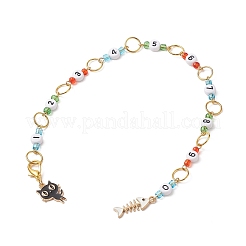 アクリル数字ビーズ編み列カウンターチェーン  ガラスビーズと合金エナメルペンダント付き  猫と魚の骨  ミックスカラー  36.5cm  2個/セット&nbsp;HJEW-JM00884