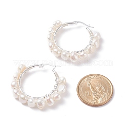 Orecchini a cerchio da donna con perline avvolti in filo di perle naturali&nbsp;EJEW-JE04758-02