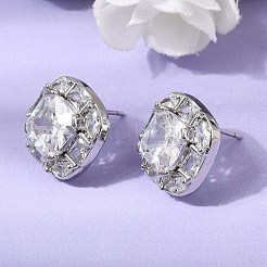 真鍮製パヴェキュービックジルコニア＆ガラススタッドピアス  正方形  ラックめっき  長持ちメッキ  カドミウムフリー＆鉛フリー  プラチナ  14.5x15mm&nbsp;EJEW-G471-03P