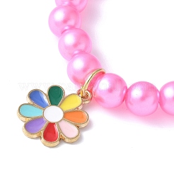 Abs プラスチック模造真珠ビーズ ストレッチ ブレスレット  女性のための合金エナメルチャームブレスレット  花  ショッキングピンク  内径：1-3/4インチ（4.5cm）&nbsp;BJEW-JB11585-03