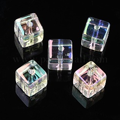 UVメッキ透明アクリルビーズ  虹色の  キューブ  キューブ  8x7.5x7.5mm  穴：1mm&nbsp;OACR-K005-03