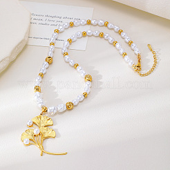 Colliers pour femmes avec pendentif feuille de ginkgo en acier inoxydable 304 et perles d'imitation&nbsp;WG458B2-01