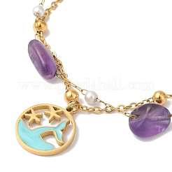 Многорядные браслеты самородки с натуральным аметистом и искусственным жемчугом BJEW-P326-03B-G