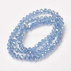 電気メッキ透明ガラスビーズ連売り  フル虹メッキ  多面カット  ロンデル  ライトスカイブルー  3.5x3mm  穴：0.4mm  約123~127個/連  13.7~14.1インチ（35~36cm）&nbsp;EGLA-A034-T3mm-T07