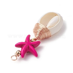 Синтетическая бирюзовая бусина с натуральными смешанными бусинами из ракушек каури и подвесками из экологически чистой медной проволоки и латунных бусин&nbsp;PALLOY-TA00233-01