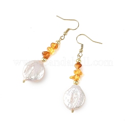Boucles d'oreilles pendantes en ambre naturel et perles keshi naturelles&nbsp;EJEW-JE07445-01