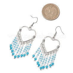 Серьги-люстры в форме полого сердца из сплава и стеклянных бисеринок с кисточками&nbsp;EJEW-MZ00685-01