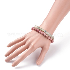 レイキ天然石ストレッチブレスレットセット  女性用ナチュラルプレナイト＆ロードクロサイトラウンドビーズスタッカブルブレスレット  内径：2-1/8インチ（5.5cm）  ビーズ：8mm  2個/セット&nbsp;BJEW-JB07254