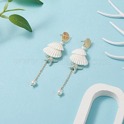 天然スパイラルシェル＆シェルパール ダングルスタッドピアス  女性用真鍮ヒトデタッセルイヤリング  ゴールドカラー  87mm  ピン：1mm&nbsp;EJEW-TA00220