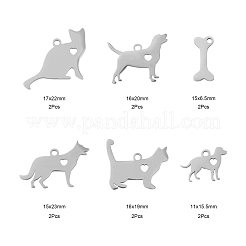 12個 6スタイル 304ステンレススチール子犬チャーム  犬猫  ステンレス鋼色  2個/スタイル&nbsp;STAS-FS0001-01P