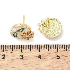 Овальные серьги-гвоздики с цветком из латуни с микропаве из кубических цирконий&nbsp;EJEW-P336-02G