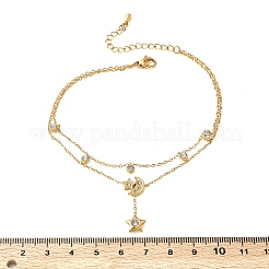 304ステンレススチール製パヴェクリアキュービックジルコニアチャーム2連アンクレット（女性用）  ゴールドカラー  スター  8-1/2インチ（215mm）&nbsp;AJEW-K054-01C-G