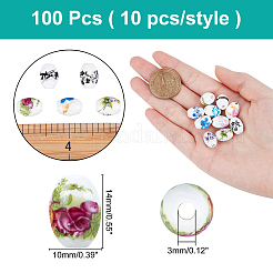 100個 10スタイルの手作りプリント磁器ビーズ  花柄とオーバル  ミックスカラー  14x10mm  穴：3mm  10個/スタイル  100個/セット&nbsp;PORC-AR0001-03