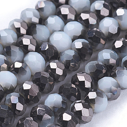 Electroplate Glass Faceted Rondelle Beads Strands, Imitation Jade, Half Plated, Black, 3x2mm, Hole: 1mm, about 123~127pcs/strand, 15~16 inch(38~40cm)