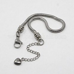 304 acero inoxidable pulseras de cadenas de serpiente redondas europeas, con cierre de pinza y los charms del corazón, color acero inoxidable, 170x3mm