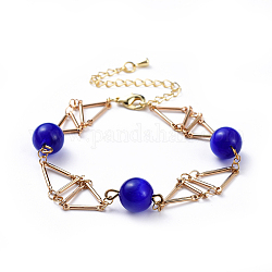(vente d'usine de fêtes de bijoux) bracelets de chaîne à maillons en laiton, avec des perles oeil de chat, bleu, 7-5/8 pouce (19.3 cm)