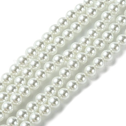 Cuentas de perlas de vidrio ecológicas, alto brillo, Grado A, redondo, blanco, 6mm, agujero: 1 mm, aproximamente 160 pcs / cadena, 37.8 pulgada