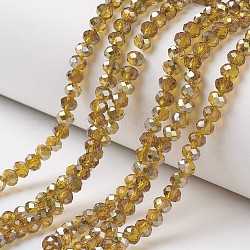 Electroplate Transparent Glass Beads Strands, Half Green Plated, Faceted, Rondelle, Goldenrod, 4x3mm, Hole: 0.4mm, about 123~127pcs/strand, 16.5~16.9 inch(42~43cm)