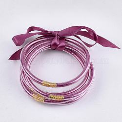 Ensembles de bracelets bouddhistes en plastique pvc, bracelets en gelée, avec poudre de scintillement et ruban de polyester, support violet rouge, 2-1/2 pouce (6.3 cm), 5 pièces / kit