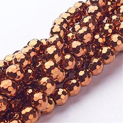 Chapelets de perles en hématite synthétique sans magnétiques, placage sous vide, facetté (128 facettes), ronde, plaquée de cuivre rouge, 2mm