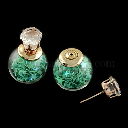 Girl's Double Sided Glass Ball Stud Earrings, with Star Paillette Beads inside, Rhinestones and Golden Iron Pins, Medium Sea Green, 16mm, 8mm, Pin: 0.7mm