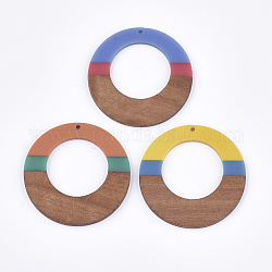 Pendentifs en bois de résine et de noyer, tricolore, plat rond, couleur mixte, 49x3~3.5mm, Trou: 2mm